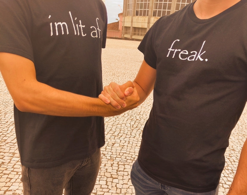 @vsamorim23 and @heyimmikeeee wearing the “freak.” and “im lit af” tees